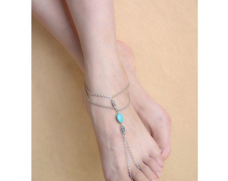 Vintage Light Blue Oval Stone&hollow Out Flower Decorated Double Layer Design,Fashion Anklets