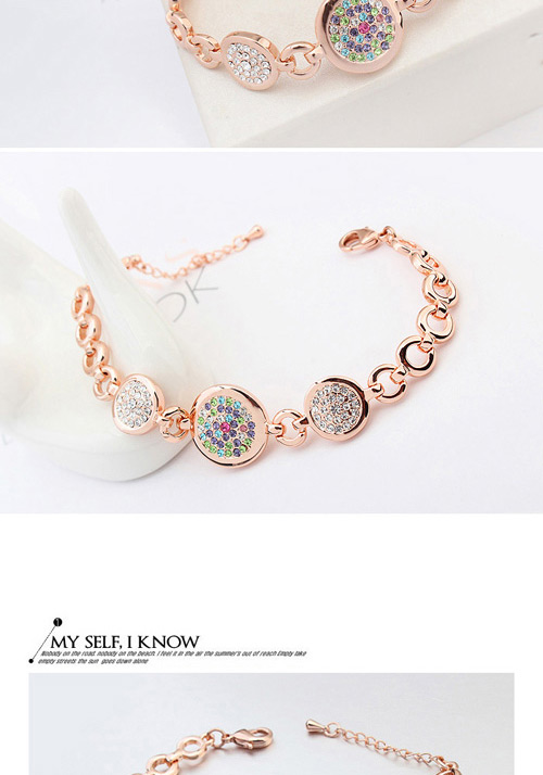 Luxurious Rose Gold+white Diamond Decorated Round Shape Design Alloy Crystal Bracelets,Crystal Bracelets