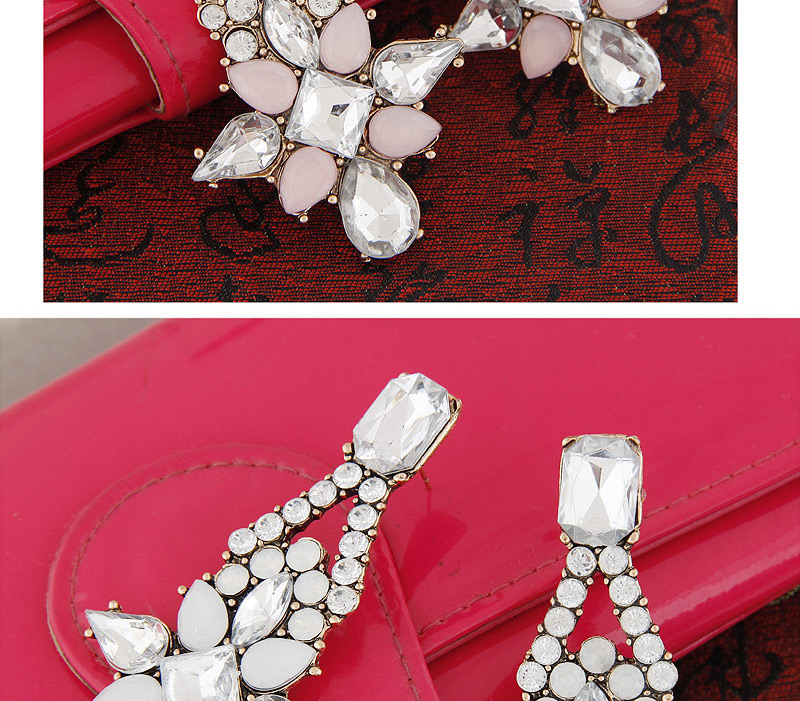 Trendy White Geometric Gemstone Decorated Flower Shape Design,Drop Earrings