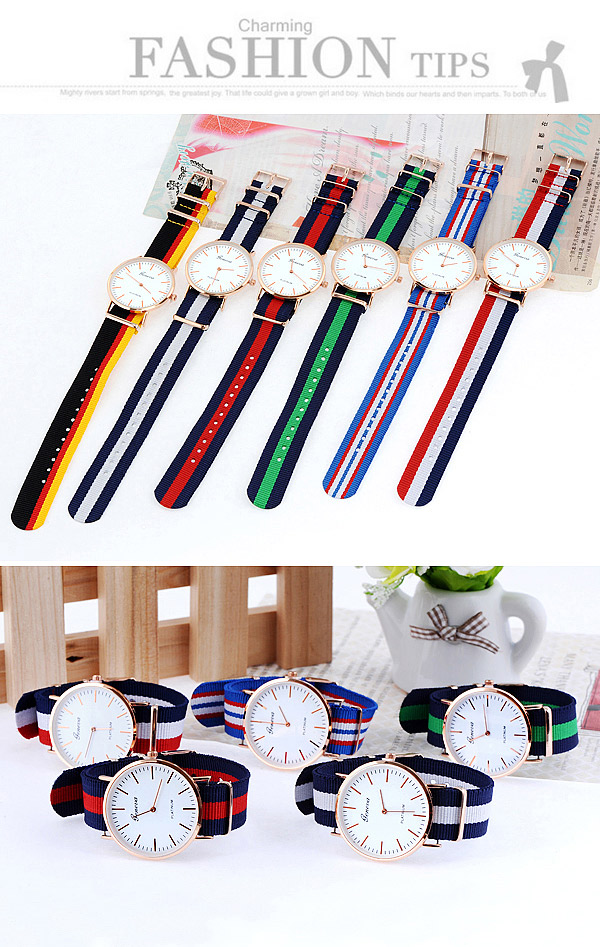 Popular Navy Blue & Red Stripe Pattern Simple Design,Ladies Watches