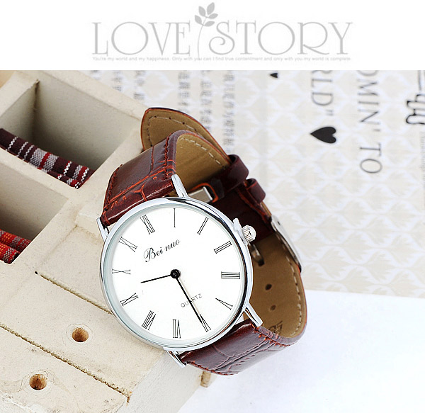 Couple Models Brown & Silver Color Leather Thin Strap Simple Design,Ladies Watches