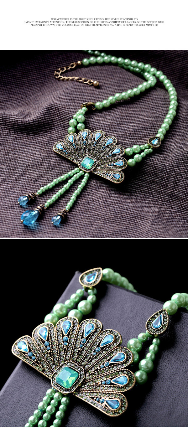 Personality Green Fan Shape Decorated Tassel Design,Beaded Necklaces