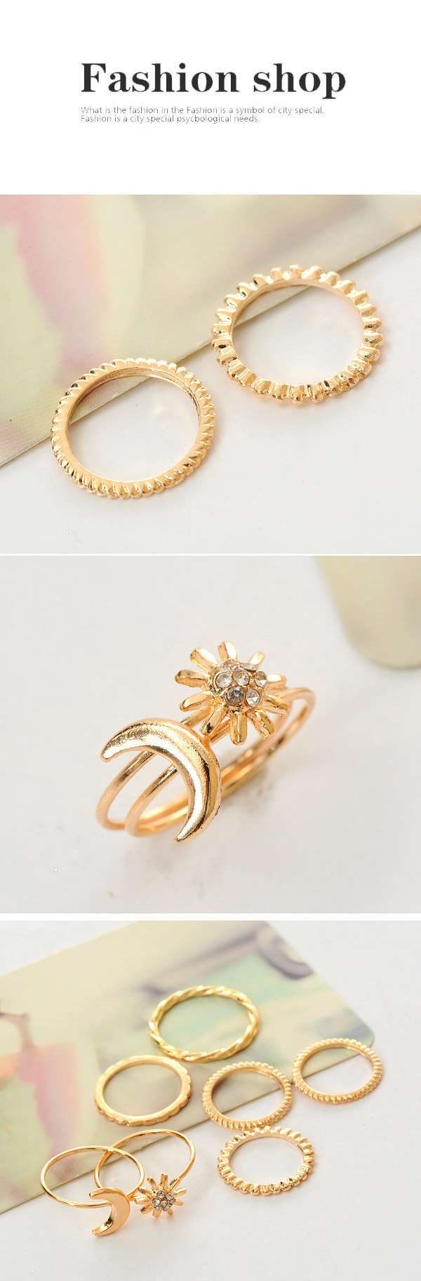 Fashion Gold Color Moon Shape Decorated Simple Design (7pcs),Fashion Rings