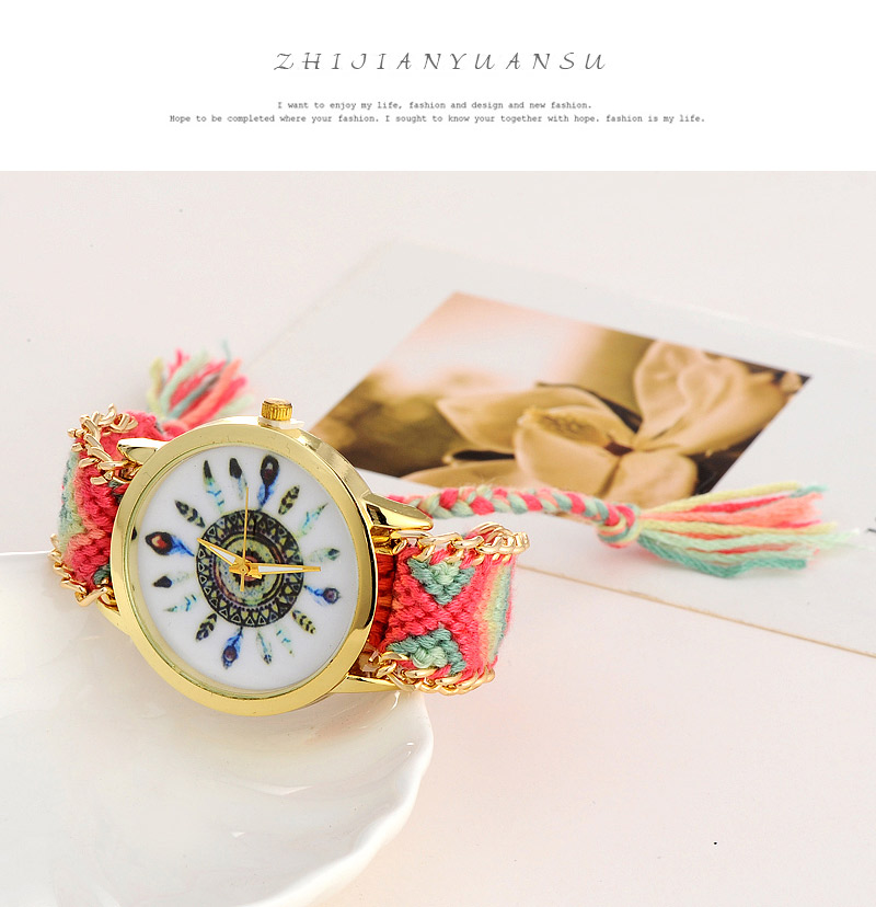 Retro Pink+light Green Feather Pattern Decorated Weave Tassel Design  Alloy Ladies Watches,Ladies Watches