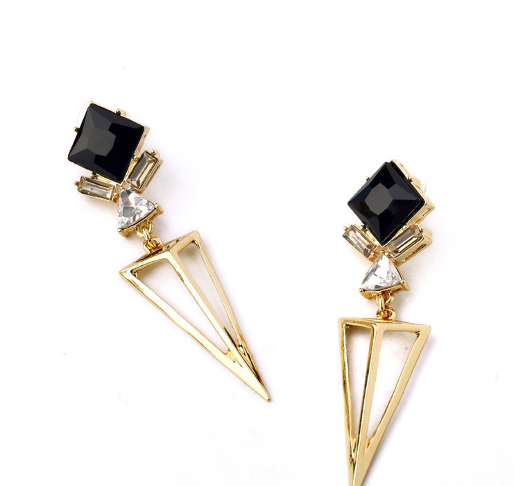 Exquisite Black Square Gemstone Decorated Hollow Out Triangle Design,Drop Earrings