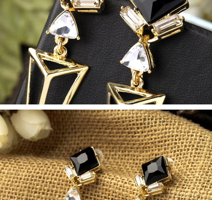 Exquisite Black Square Gemstone Decorated Hollow Out Triangle Design,Drop Earrings