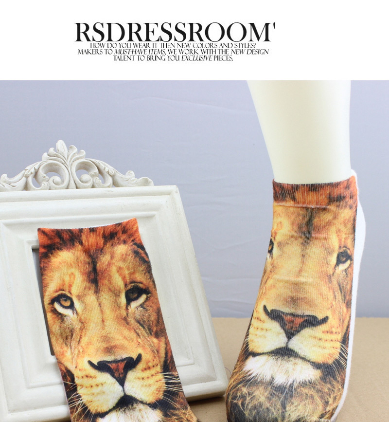 Retro Brown+white Lion Pattern Decorated 3d Effect Design,Fashion Socks