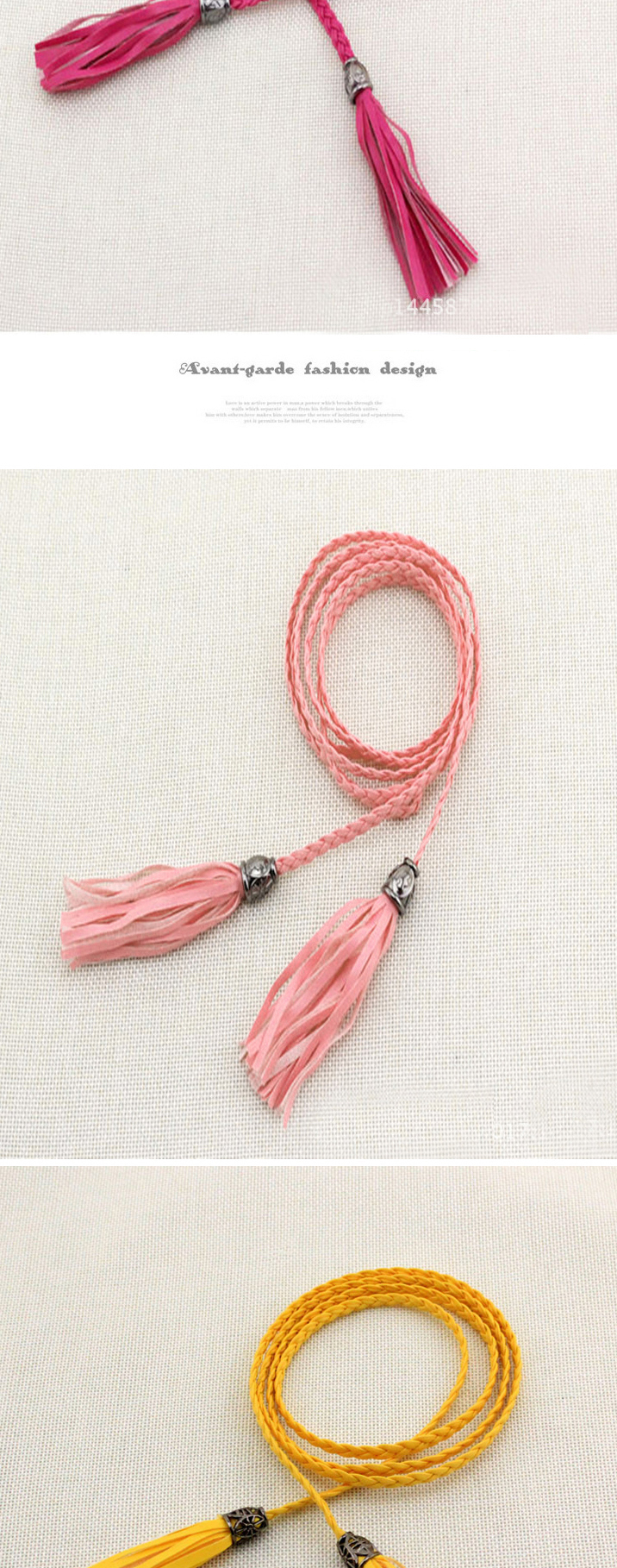 Retro Pink Rope Weave Pure Color Taseel Pendant Design,Thin belts