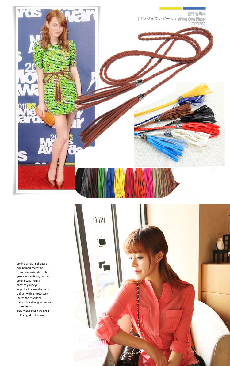 Retro Plum Red Rope Weave Pure Color Taseel Pendant Design,Thin belts