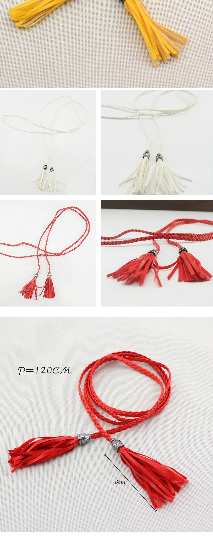 Retro Plum Red Rope Weave Pure Color Taseel Pendant Design,Thin belts