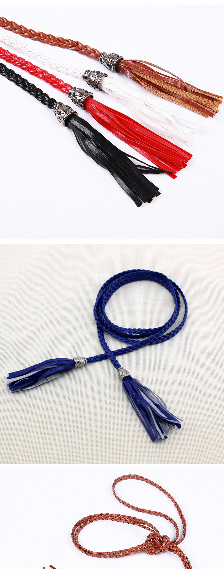 Retro White Rope Weave Pure Color Taseel Pendant Design,Thin belts