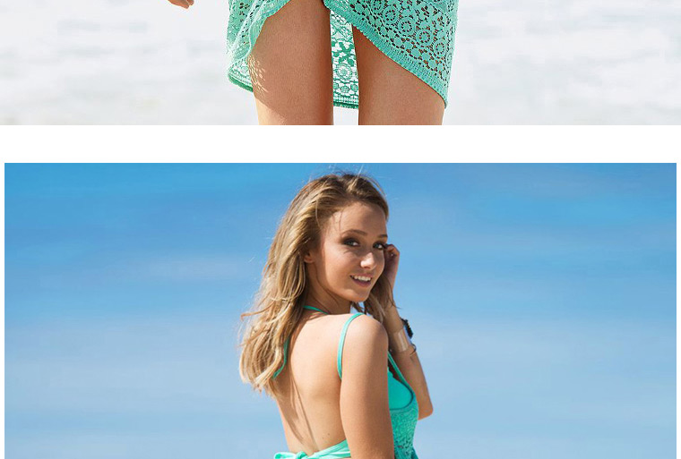 Sexy Green Flower Pattern Hollow Out V-neck Design Bikini Cover Up Smock,Cover-Ups