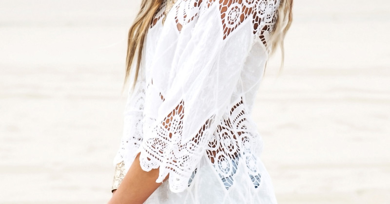Sexy White Flower Pattern Hollow Out Design Bikini Cover Up Smock,Cover-Ups