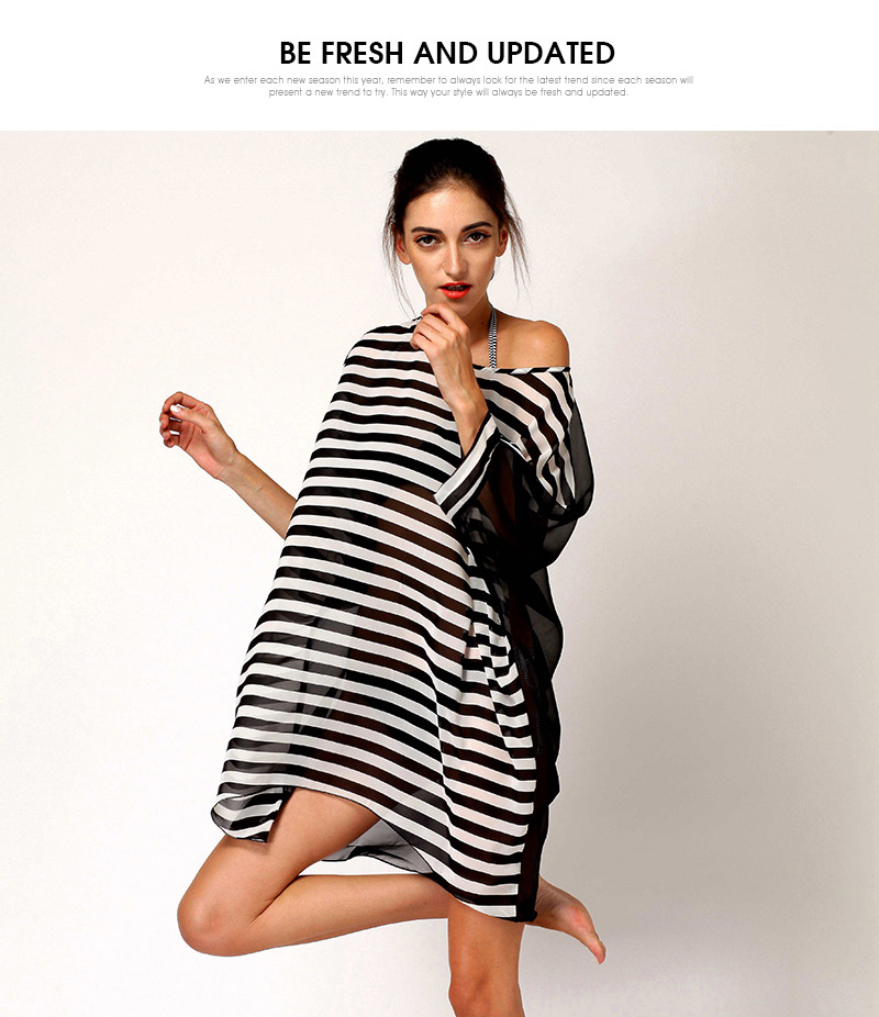Sexy Black+white Dissymmetry Sleeve Stripe Pattern Decorated Loose Short Design Bikini Cover Up Smock,Cover-Ups