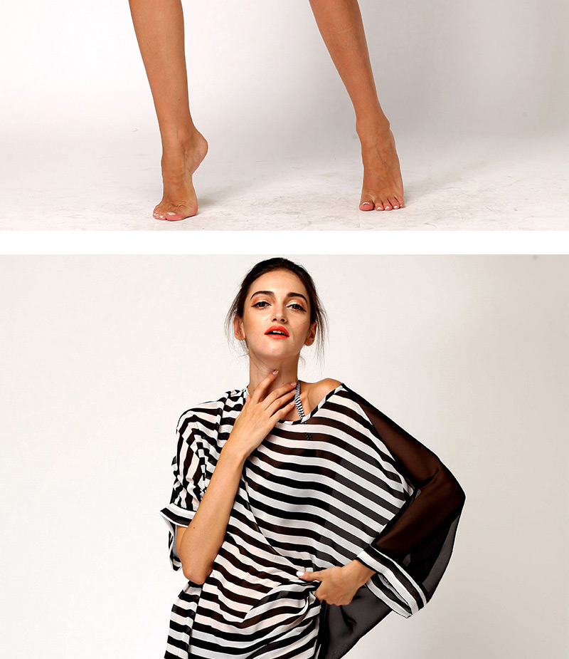 Sexy Black+white Dissymmetry Sleeve Stripe Pattern Decorated Loose Short Design Bikini Cover Up Smock,Cover-Ups