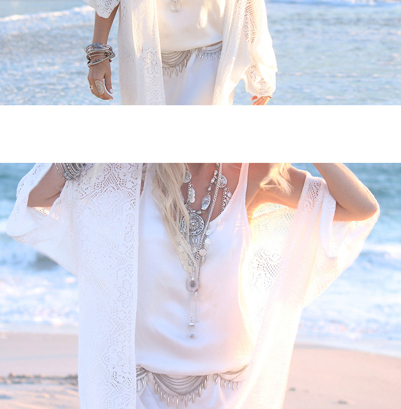 Sexy White Hollow Out Lace Flower Tassel Decorated Cardigan Design Bikini Cover Up Smock,Cover-Ups