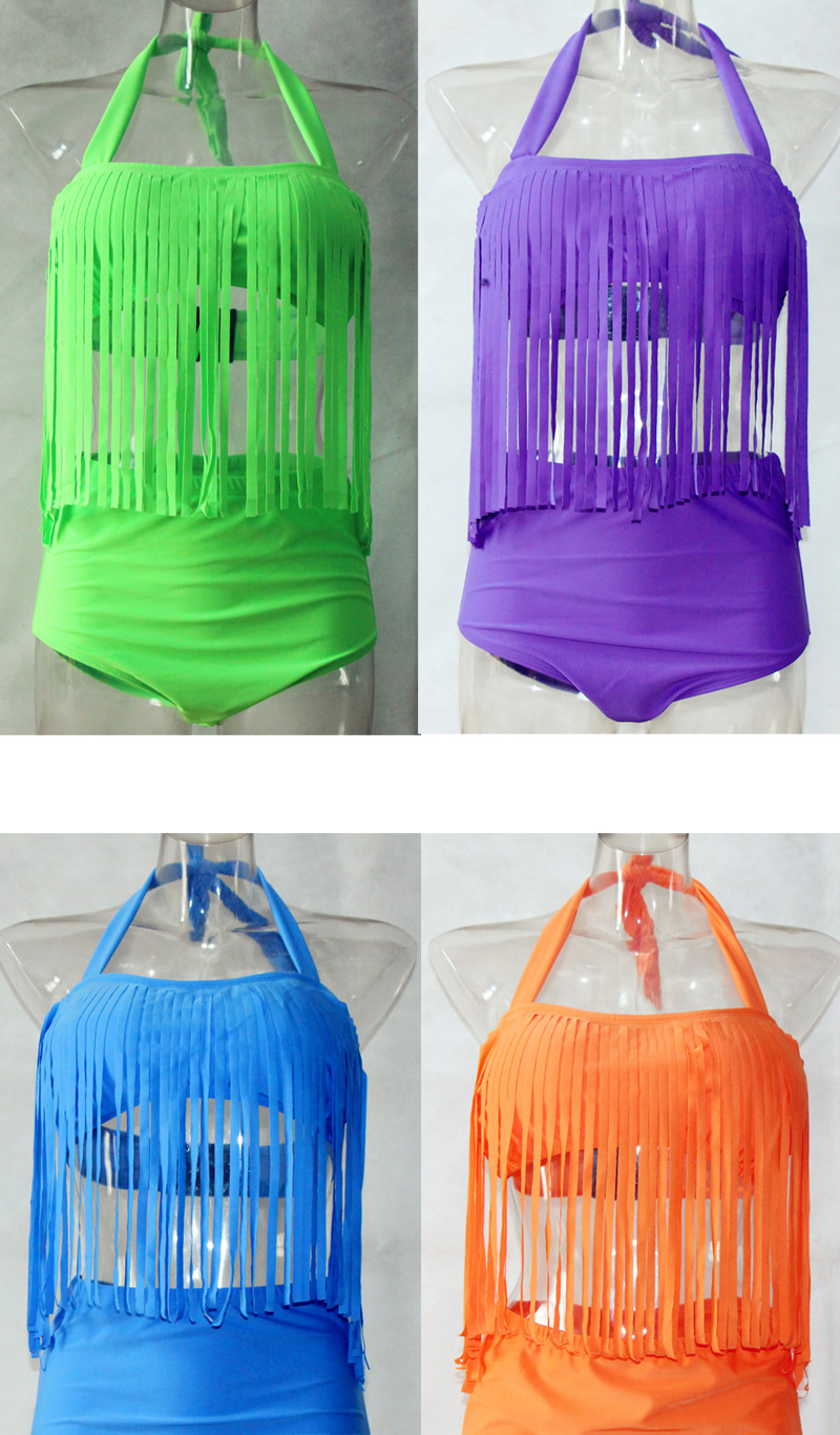 Sexy Fluorescent Blue Tassel Decorated Hang Neck Design,Swimwear Plus Size