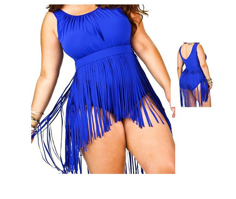 Sexy Blue Pure Color Tassel Decorated Connection Design,Swimwear Plus Size