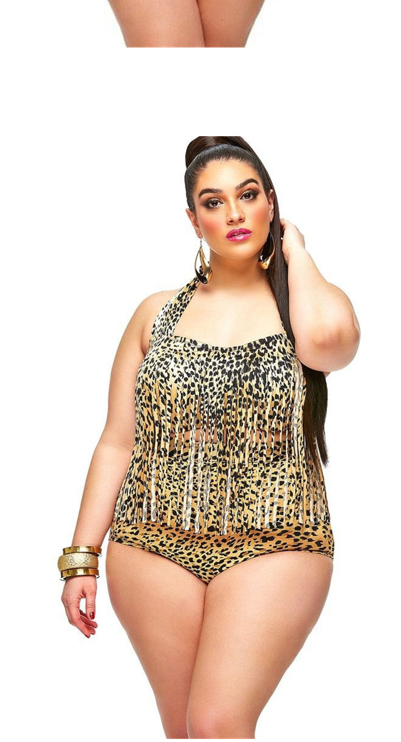 Sexy Leopard Tassel Decorated High Waist Hang Neck Design,Swimwear Plus Size