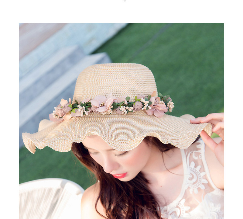 Sweet Khaki Flower Decorated Wide Brim Design,Sun Hats