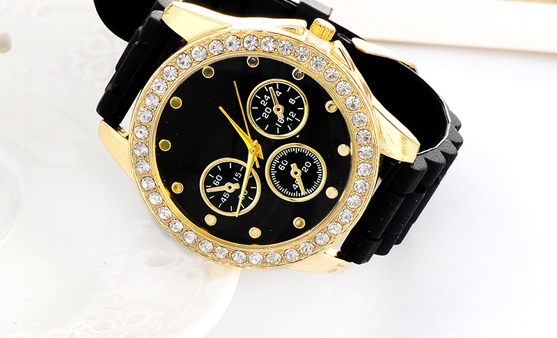 Casual Black Diamond & Small Seconds Decorated Round Case Design,Ladies Watches