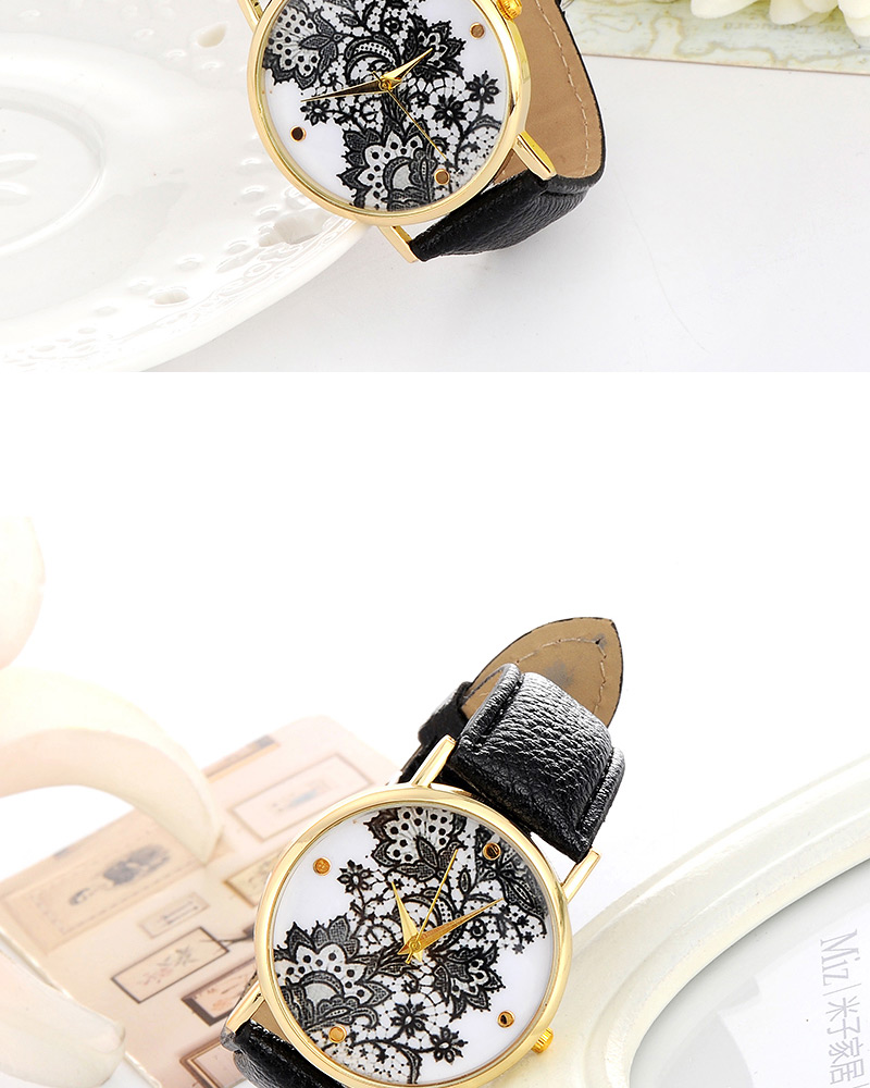 Exquisite Black Flower Pattern Decorated Pure Color Design  Pu Ladies Watches,Ladies Watches