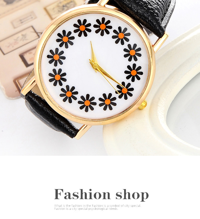 Elegant Black Flowers Pattern Decorated Pure Color Design  Pu Ladies Watches,Ladies Watches