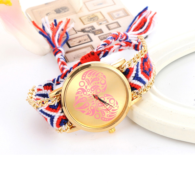 Vintage Sapphire Blue+red Heart Shape Pattern Decorated Hand-woven Strap Design  Fabric Ladies Watches,Ladies Watches