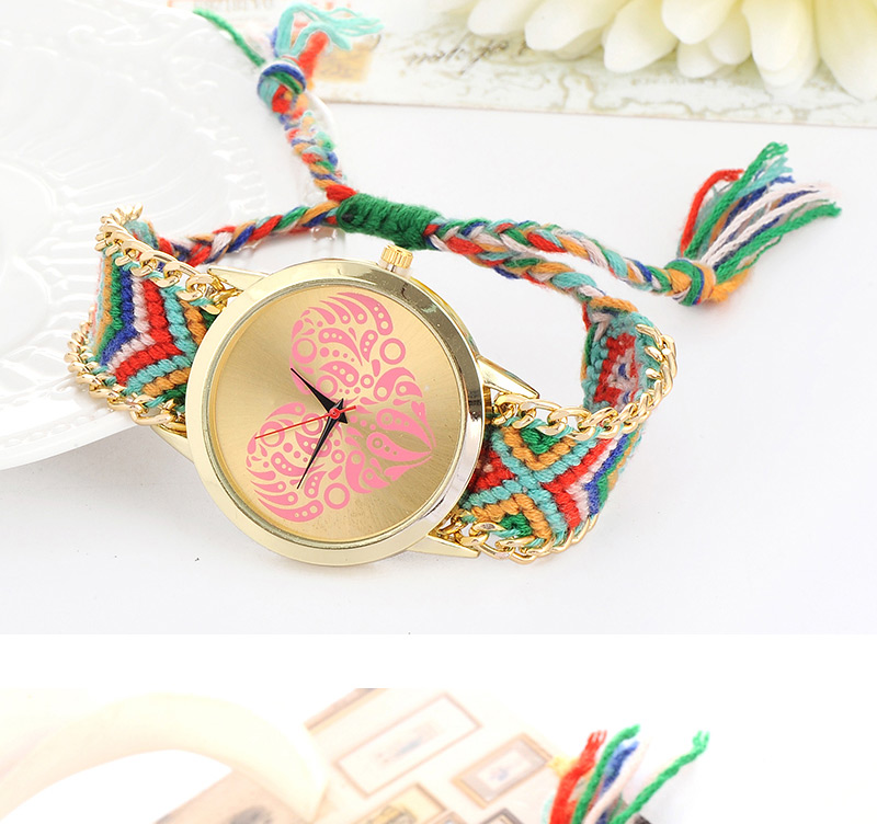 Vintage Green+red Heart Shape Pattern Decorated Hand-woven Strap Design  Fabric Ladies Watches,Ladies Watches