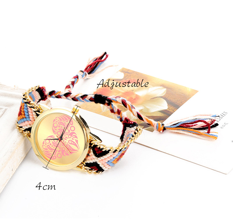 Vintage Green+red Heart Shape Pattern Decorated Hand-woven Strap Design  Fabric Ladies Watches,Ladies Watches
