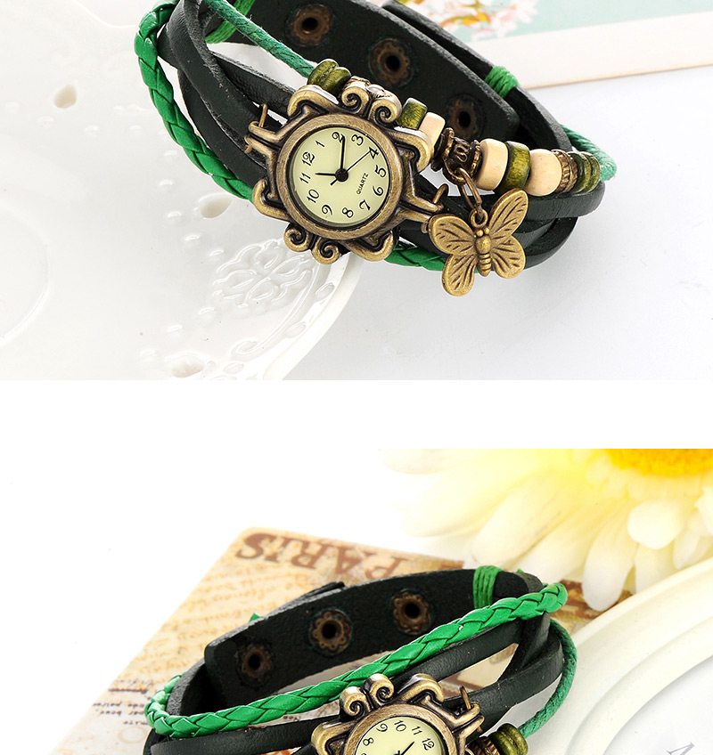 vintage Green Butterfly Shape Decorated Multilayer Design Pu Ladies Watches,Ladies Watches