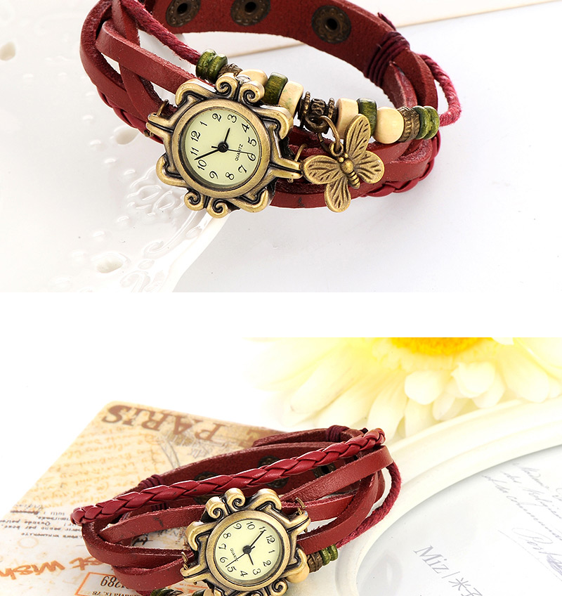 vintage Claret-red Butterfly Shape Decorated Multilayer Design Pu Ladies Watches,Ladies Watches