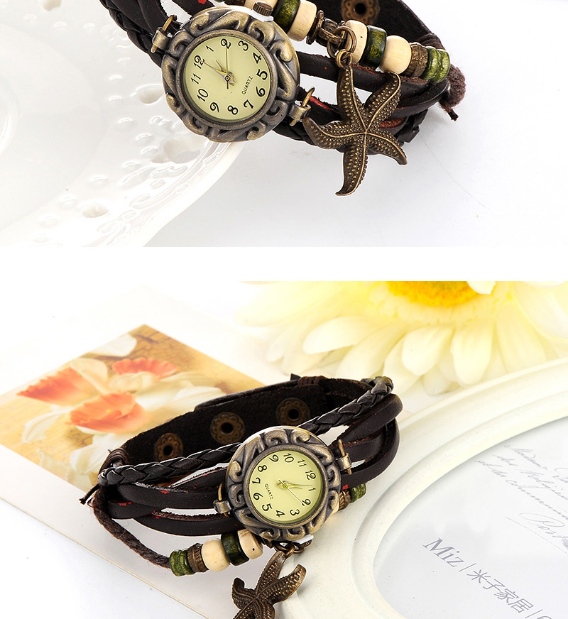 vintage Dark Brown Starfish Shape Decorated Multilayer Design Pu Ladies Watches,Ladies Watches