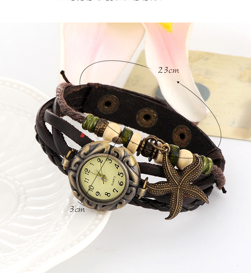 vintage Dark Brown Starfish Shape Decorated Multilayer Design Pu Ladies Watches,Ladies Watches