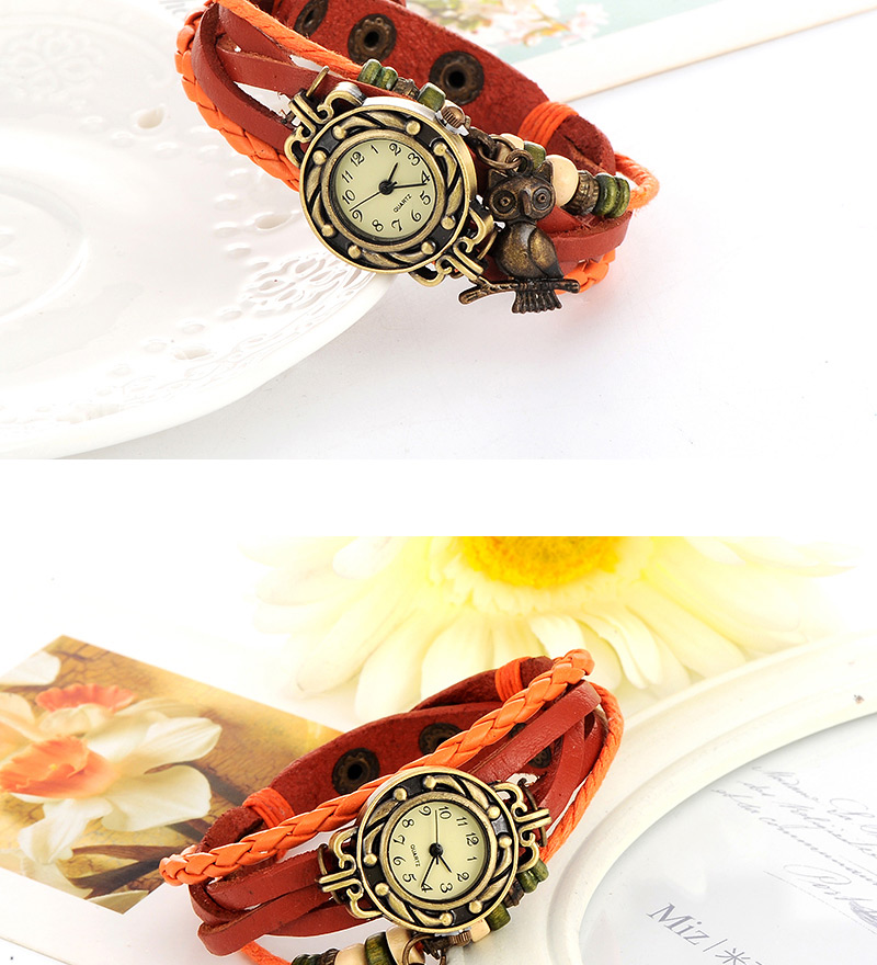 vintage Orange Owl Shape Decorated Multilayer Design Pu Ladies Watches,Ladies Watches