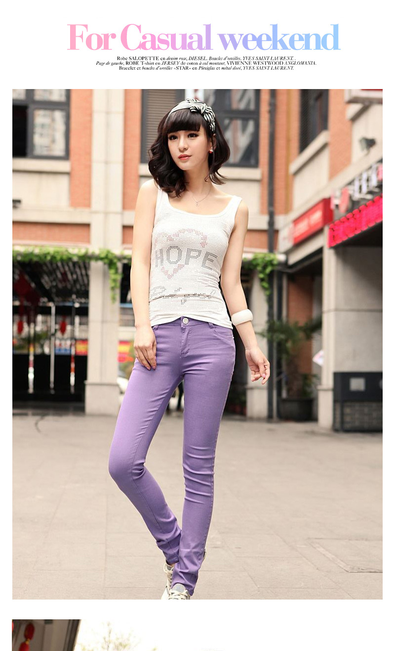 Fashion Light Purple Candy Color Slim Design Fabric Trousers,Pants