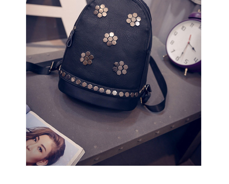 vintage Black Rivet Flower Decorated Simple Design,Backpack
