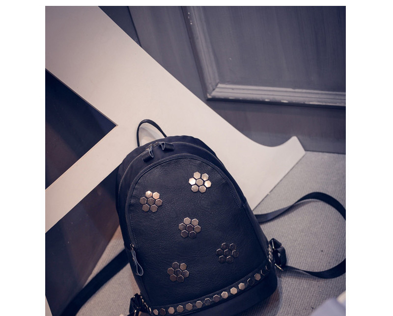 vintage Black Rivet Flower Decorated Simple Design,Backpack