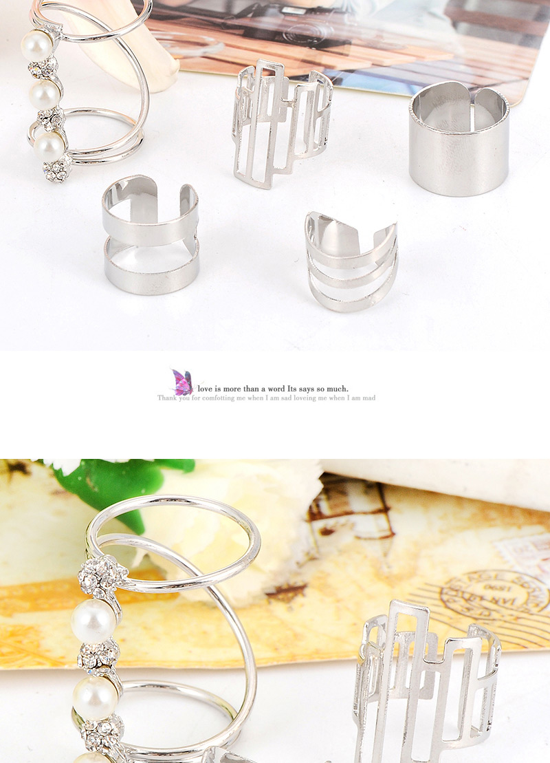 Fashion Silver Color Pearl Decorated Geometry Shape Hollow Out Design,Rings Set