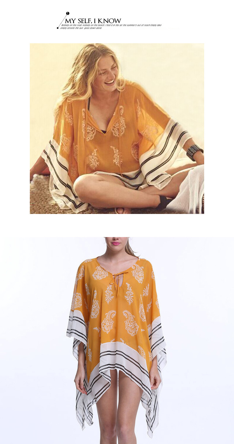 Vintage Orange Embroidery & Strip Pattern Decorated Loose Design Bikini Cover Up Smock,Cover-Ups