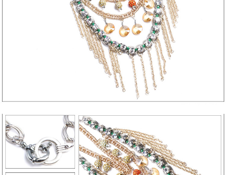 Vintage Gold Color Tassel Pendant Decorated Multi-layer Design Crystal Bib Necklaces,Multi Strand Necklaces