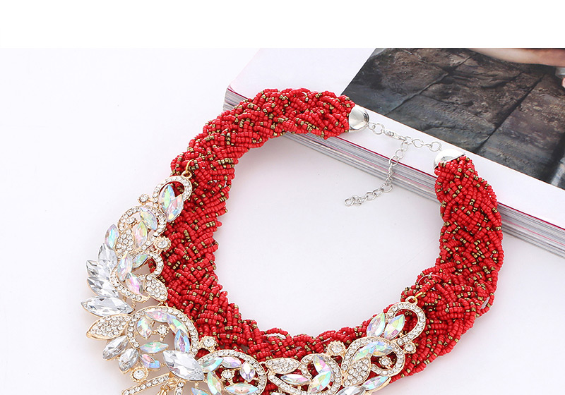 Fashion Red Diamond Leaf Decorated Hand-woven Collar Design,Beaded Necklaces