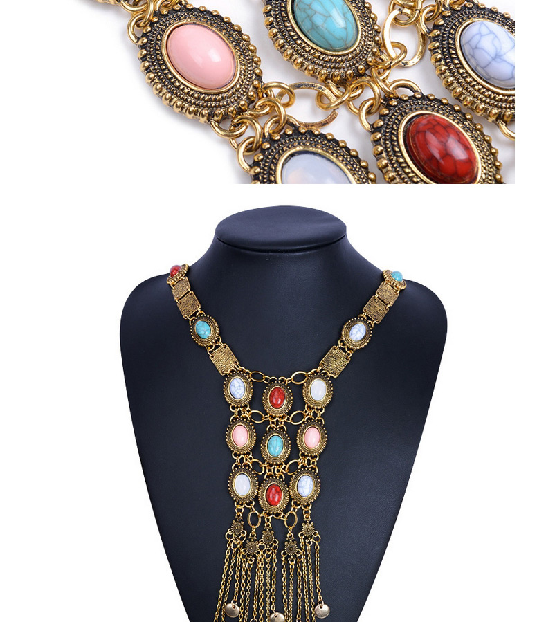 Exaggerated Antique Silver Oval Gemstone&tasel Pendant Decorated Collar Design,Bib Necklaces