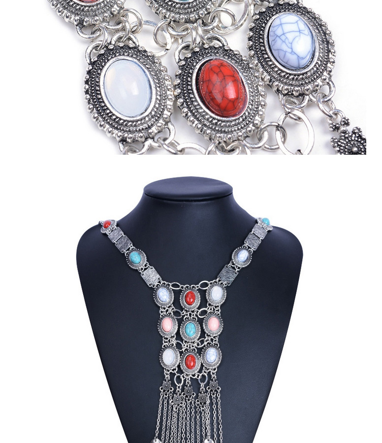 Exaggerated Antique Silver Oval Gemstone&tasel Pendant Decorated Collar Design,Bib Necklaces