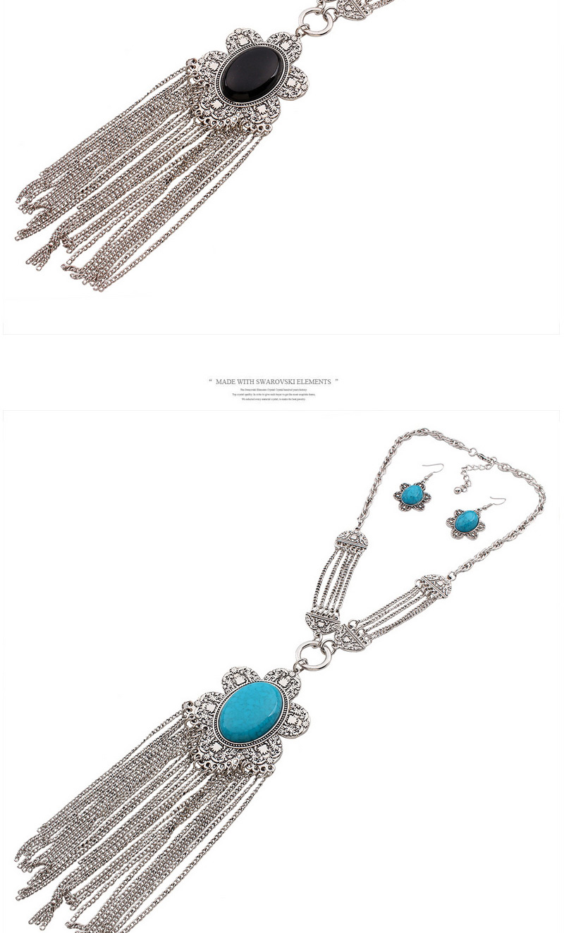 Vintage Blue Oval Diamond&tassel Pendant Decorated Short Chain Design Alloy Jewelry Sets,Jewelry Sets