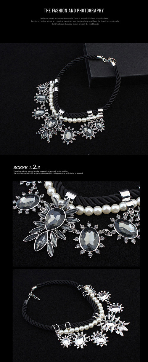 Exquisite Gray Gemstone Decorated Flower Simple Design Alloy Bib Necklaces,Bib Necklaces