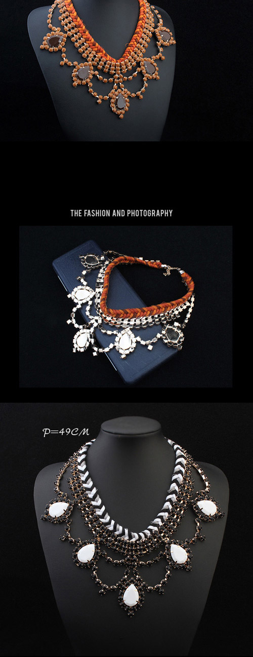 Trendy Black+white Water Drop Shape Decorated Weave Design Alloy Bib Necklaces,Bib Necklaces