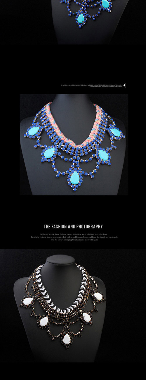 Trendy Blue Water Drop Shape Decorated Weave Design Alloy Bib Necklaces,Bib Necklaces