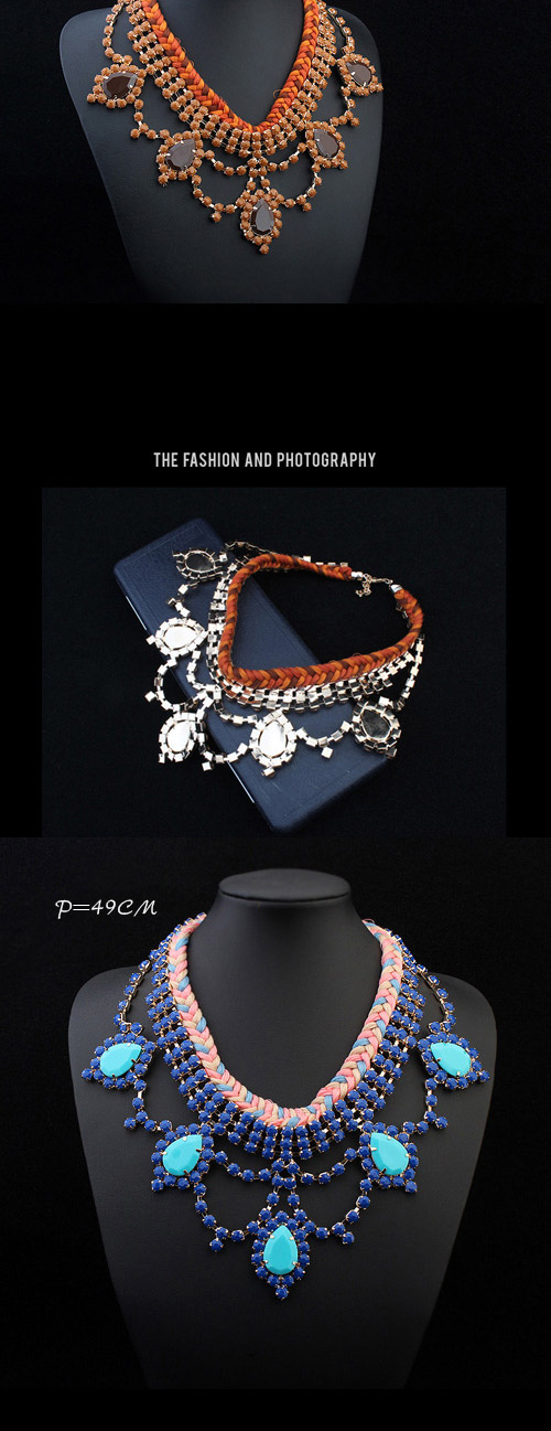 Trendy Blue Water Drop Shape Decorated Weave Design Alloy Bib Necklaces,Bib Necklaces