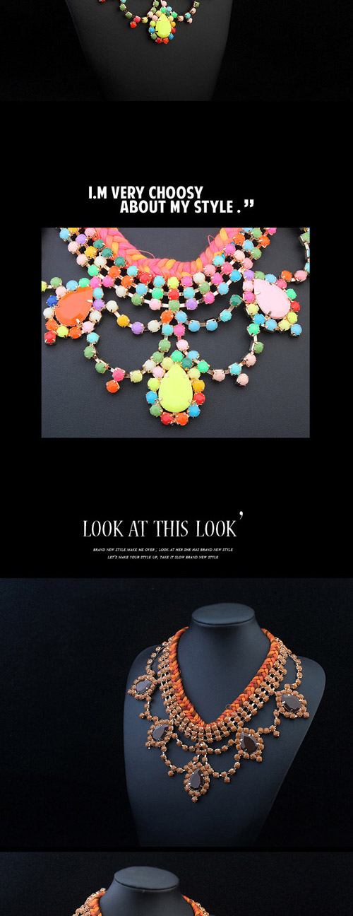 Trendy Orange Water Drop Shape Decorated Weave Design Alloy Bib Necklaces,Pendants